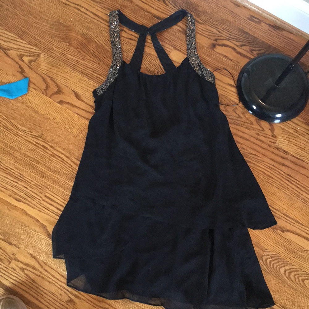 Black party dress with gold sequin detailing